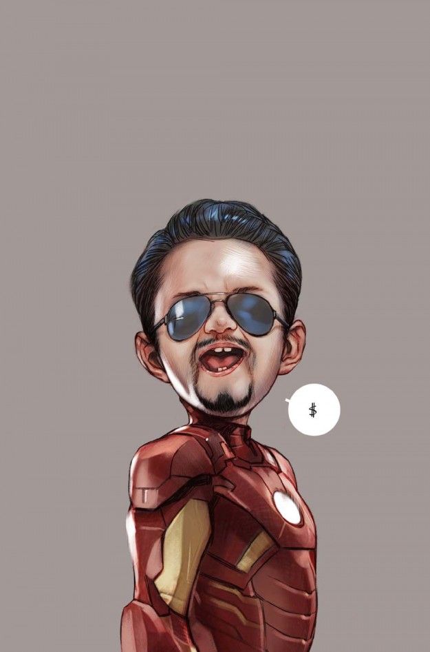a caricature of tony stark, also known as iron man, is depicted wearing his signature iron man armor and aviator sunglasses. a speech bubble containing a dollar sign is floating near his head, possibly indicating his obsession with money.