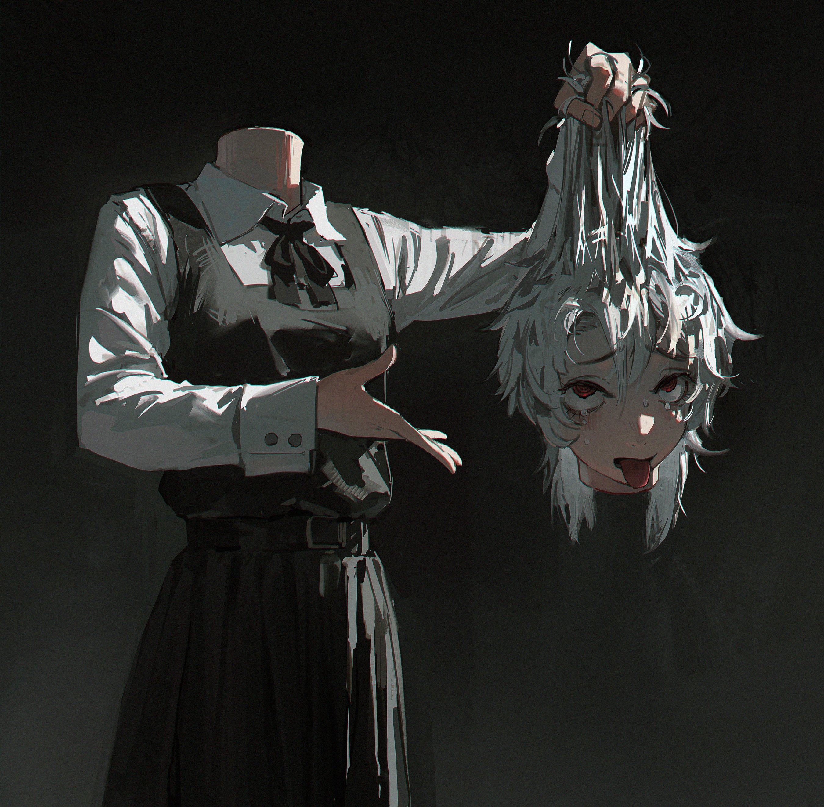 the image shows a headless anime girl in a uniform holding another anime girl's severed head by the hair. the headless girl has a blank neck stump and is wearing a white shirt, black vest, and a black skirt. she is gesturing with her left hand as if presenting the head. the head she is holding has white hair, red eyes, and is sticking out its tongue in a gruesome manner. the background is dark. the overall tone of the image is dark and unsettling.