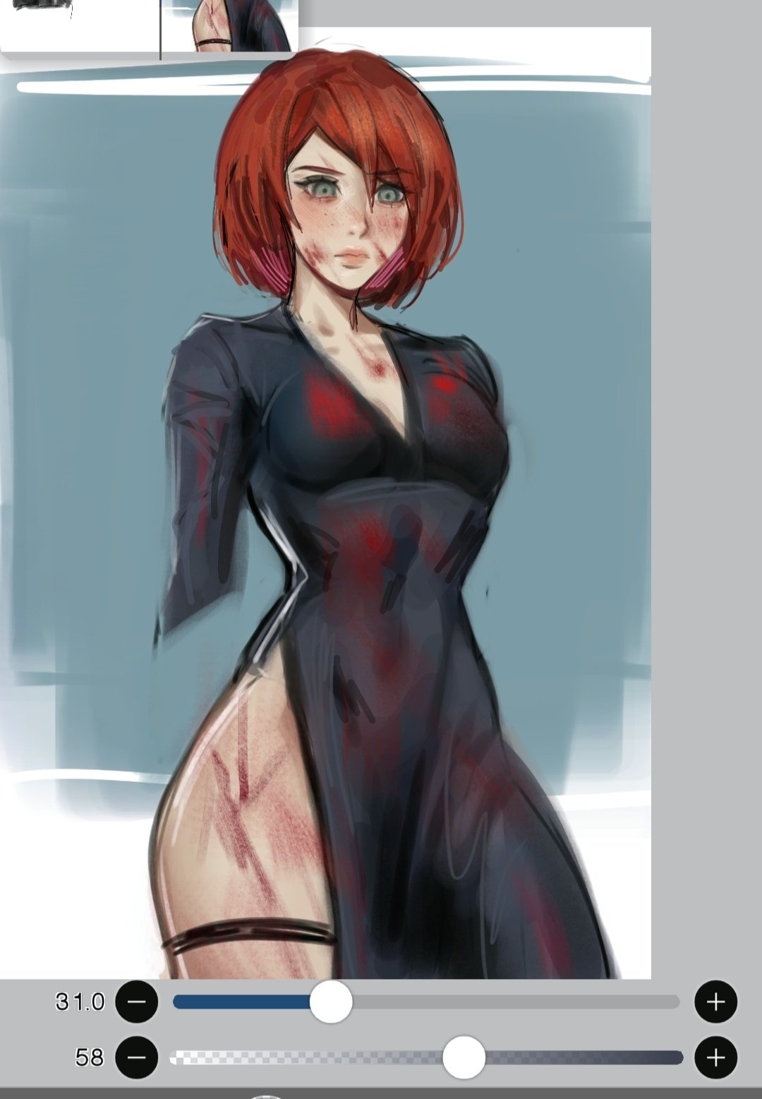 the image is a digital painting of a young woman with red bobbed hair. she's wearing a dark, long dress with a side slit, and her body shows multiple bloody injuries, suggesting recent trauma.  the art style blends anime influences with a more realistic rendering of the character's features and injuries. the background is a muted gray, focusing the viewer's attention on the character.  the overall mood is serious and somewhat melancholic. the image appears to be a work in progress, indicated by the interface elements visible at the bottom of the image.