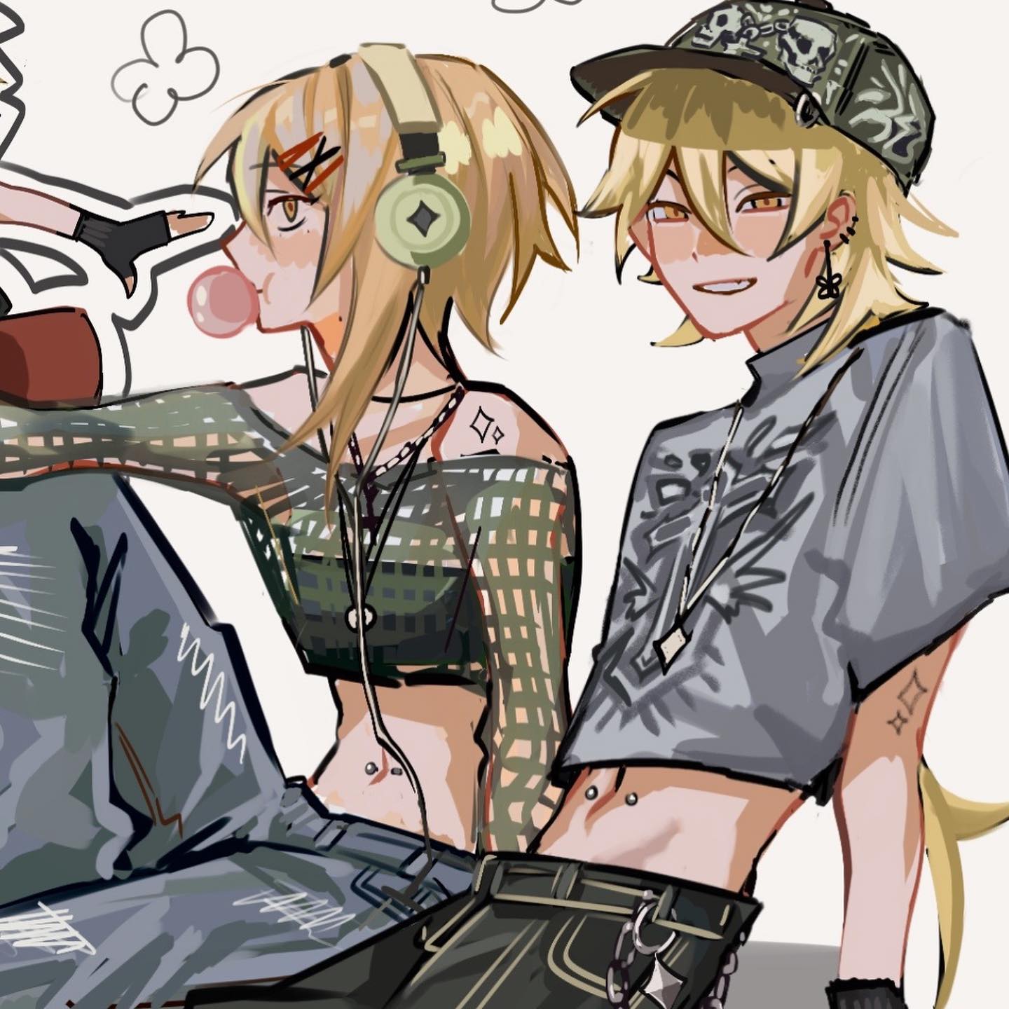 the image is a digital drawing or fanart depicting two animestyle girls. both have blonde hair, are wearing casual streetwear including crop tops and jeans. one girl is wearing headphones and has a bubblegum in her mouth; the other has a cap.  they have several accessories like necklaces, piercings, and one has small tattoos on her shoulder. the overall style leans towards punk or alternative fashion and the art has a soft, painterly quality. the girls appear friendly and playful in their pose.