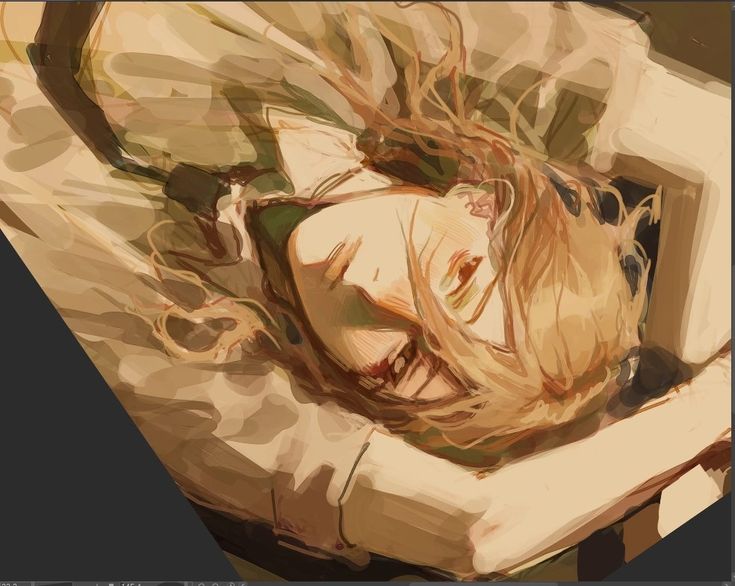 the image is a digital painting or illustration of a young woman with long blonde hair lying down and embracing herself. she is wearing loose, beige clothing. the style is painterly and expressive, with visible brushstrokes and a soft, muted color palette. the overall mood is melancholic and dreamy. the woman's expression is subtle but seems contemplative or pensive. the artwork is highly stylized, blending realism and abstraction.  the background is largely indistinct, focusing attention on the figure.