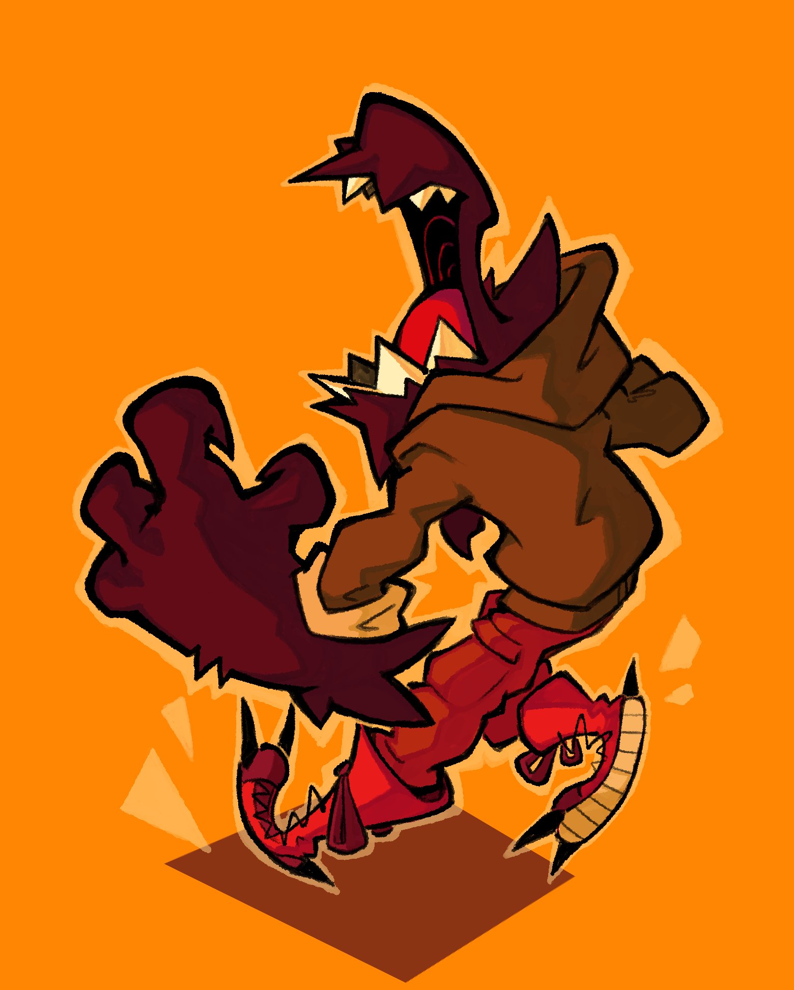 this illustration showcases a stylized monster in midtransformation, likely running towards the viewer. the monster wears red pants and a brown hoodie, with its clawed hands and feet ripping through the fabric.  its teeth are bared in a wide yell, and its head has sharp, angular features. the bright orange background emphasizes the monster's dynamic pose and aggressive nature.