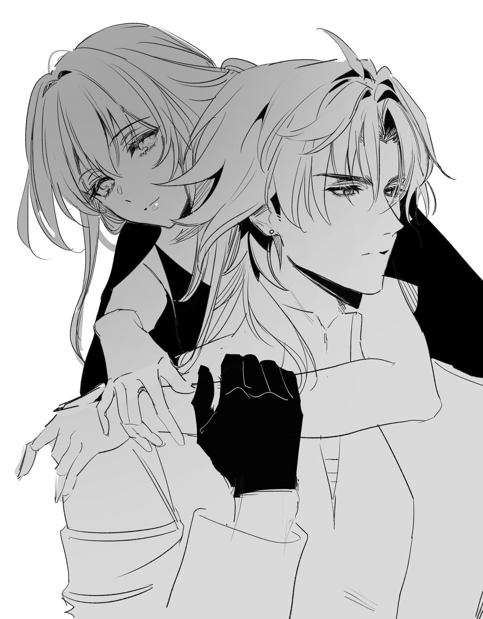 a black and white line art illustration of a young man and woman hugging closely. the woman has long, straight hair and is leaning against the man's shoulder. the man has short, messy hair and is looking off to the side with a thoughtful expression. they are drawn in a romantic style, with their bodies intertwined and their expressions suggesting deep affection. the overall mood is tender and loving.