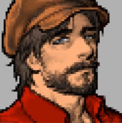the image is a closeup pixel art portrait of a man. he has brown hair, a short, slightly unkempt beard and stubble, and is wearing a brown cap and a red jacket.  the style is reminiscent of classic video game character art or 8bit graphics. the detail in the face, especially the eyes and beard, is notable for pixel art. the overall color palette is muted, with earth tones and a pop of red from the jacket.