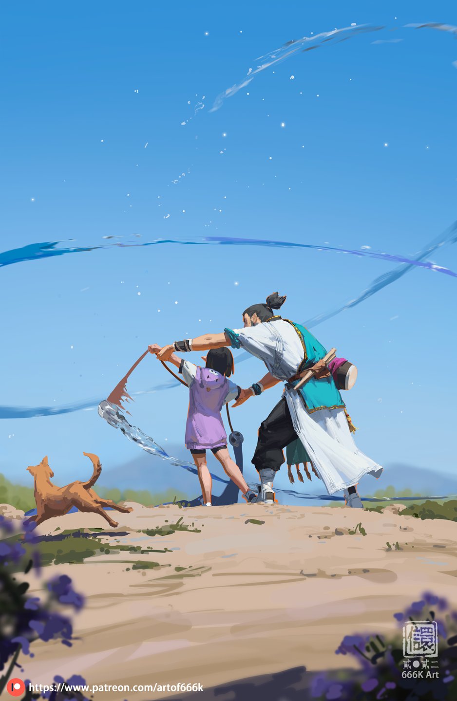 he image is a digital painting in a fantasy art style, possibly inspired by asian art. it depicts a man and a girl, likely teacher and student, seemingly practicing waterbending or a similar form of magic. they are standing on a sandy beach under a clear blue sky, with flowing water manipulated into different shapes around them. a small dog sits beside them. the overall mood is peaceful and serene. the style is detailed yet whimsical, with soft color palettes and flowing lines.