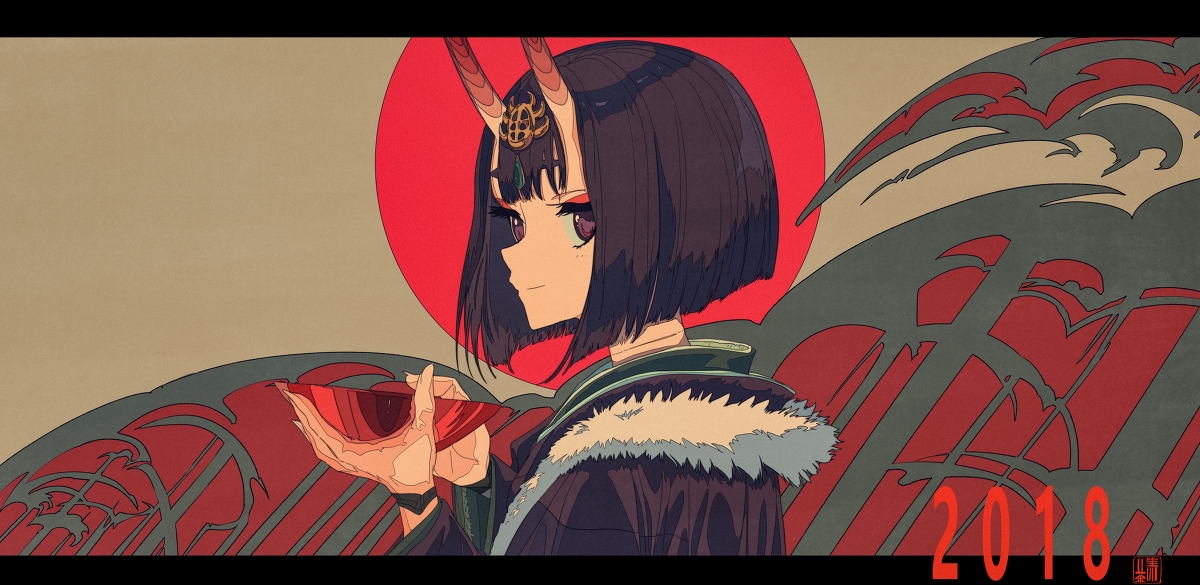 the image is a stylized digital illustration of an anime girl with oni horns. she has short dark hair, green eyes, and is wearing a dark jacket with a light gray fur collar, suggesting a winter setting. she is holding a red, fanlike object.  the background features a large red sun, stylized waves, and a gridlike pattern reminiscent of traditional japanese art, specifically perhaps referencing ukiyoe woodblock prints. the year "2018" is prominently displayed at the bottom, suggesting it might be new year's themed artwork or fan art from that year. the overall color palette is dominated by reds, blacks, and grays, creating a dark yet visually striking piece.