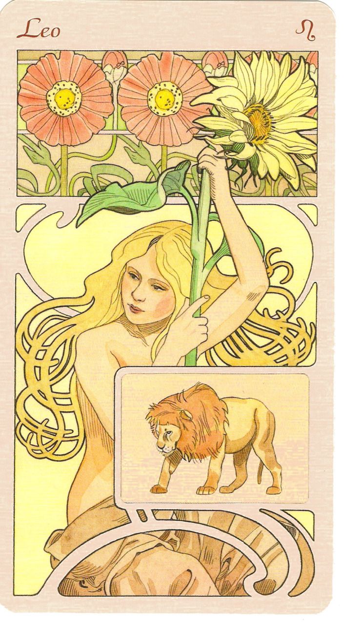 the image is an art nouveau style illustration of the zodiac sign leo. it features a blonde woman holding a sunflower, with an image of a lion below her, and flowers in the background. the text "leo" and the leo astrological symbol are also included.