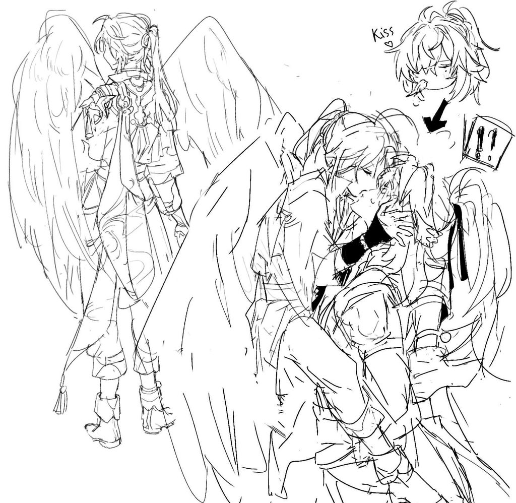 the image is a black and white sketch of two anime characters. the first character is a male angel, with wings, holding a female demon. the second character is a female angel, with wings, holding a male demon. they appear to be embracing and kissing, with a speech bubble above them that says "kiss". there is another speech bubble above the female angel, saying "!!?".  the drawing is done in a loose, sketchy style and is very expressive.