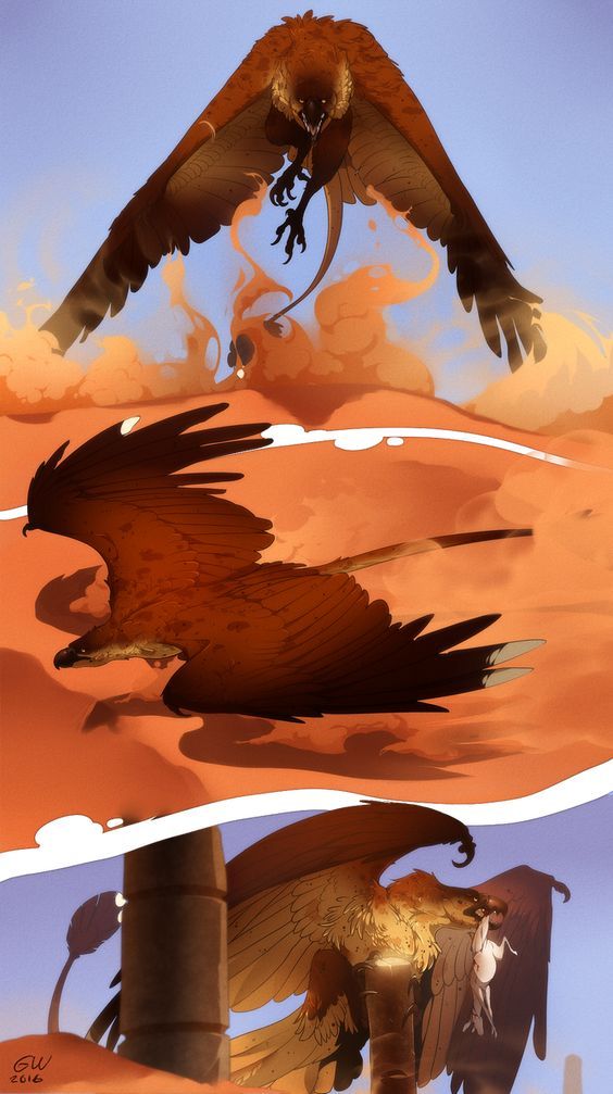 the image depicts a series of scenes featuring a large, fantasy bird of prey in a desert landscape. in the top panel, the creature is shown in full flight, descending with talons outstretched. the middle panel shows it skimming low over the sand dunes. the bottom panel shows the bird perched on a column or ruin, clutching a small, pale animal in its beak. the artwork has a stylized, illustrative quality.
