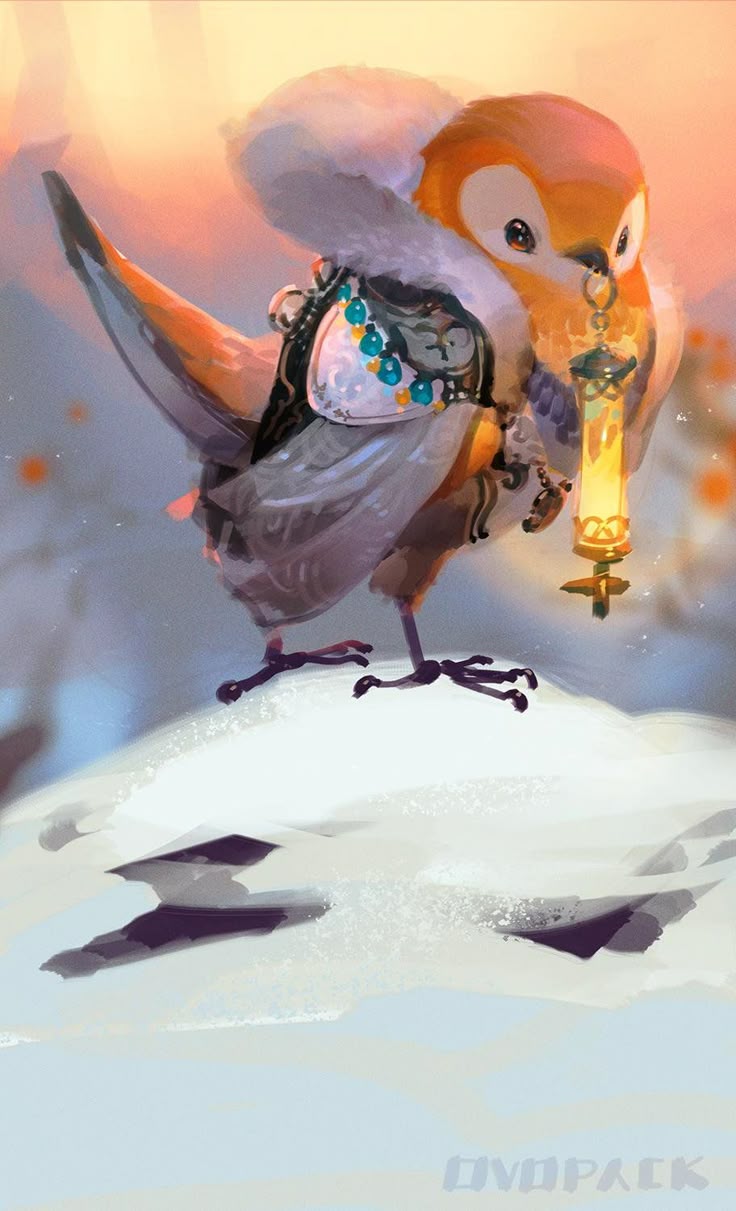 a cute cartoon illustration of a bird standing in the snow, wearing a backpack and holding a lantern. the bird has orange and gray feathers and a white fur collar. it's standing on a pile of snow with dark purple shadows. in the background, there's a soft, warm light that suggests either sunset or sunrise. the illustration has a whimsical, painterly style.