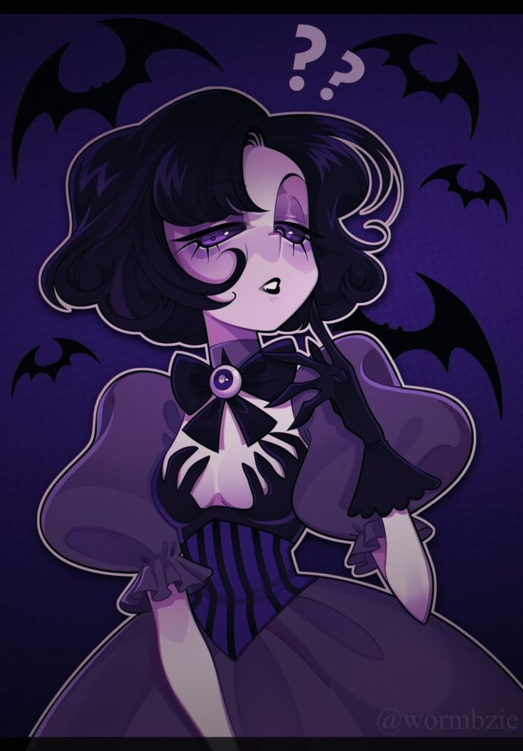 a cute and spooky anime girl with dark purple hair and a purple gothic dress. she has a bat wing design on her dress and is wearing a bow with a single eye on it. she is surrounded by bat wings and question marks, suggesting a mysterious and magical personality.