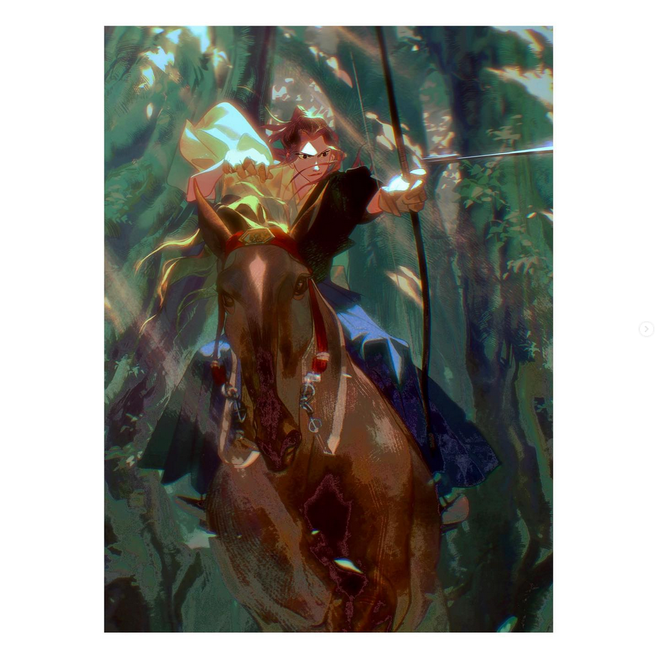 the artwork depicts an anime character in a dynamic pose, riding a horse and holding a bow and arrow. the character appears to be aiming at something offscreen, and their expression suggests they are focused and ready to take action. the forest setting adds an air of mystery and adventure, while the vibrant colors and dynamic composition create a sense of energy and excitement. the image is a striking example of anime art style, with a focus on detail and emotion. it evokes a sense of power, skill, and adventure.