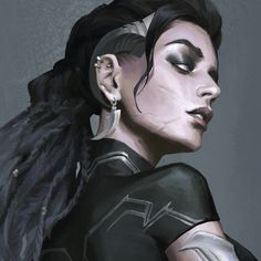 this is a closeup portrait of a woman with dark makeup, intricate braids, and metallic accents on her clothing and accessories. she has a fierce and determined expression on her face. the background is a muted gray, drawing attention to the subject.