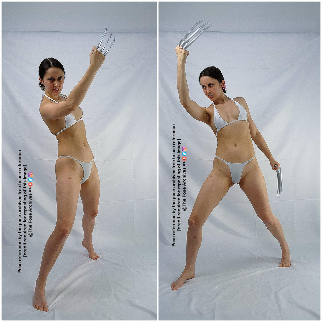 a woman in a white bikini is posing in two different action poses against a white background, mimicking wolverine's signature claw attack. she is holding large, silver claws in each hand.