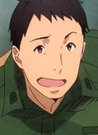 a close up portrait of a young anime male character with brown hair and green eyes, wearing a green military uniform and smiling happily. he looks friendly and approachable.