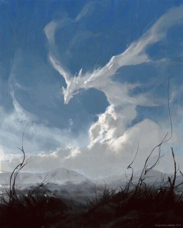 a digital painting depicting a landscape with mountains in the background. in the sky, clouds are shaped like a dragon. in the foreground, there are dark grasses and some bare twigs.
