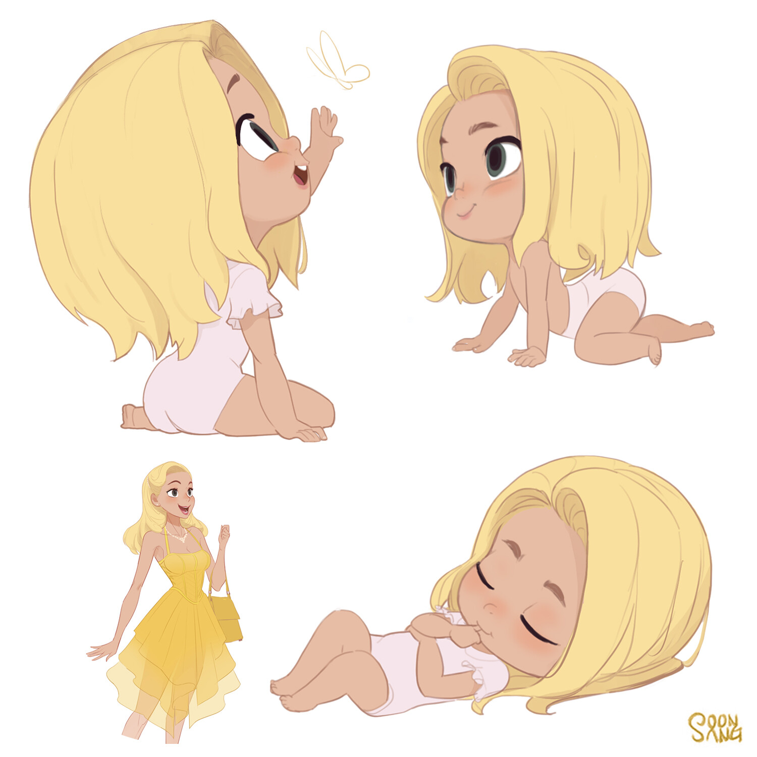 this image shows a digital character design of a blonde, fairskinned girl at four different stages of life. it depicts a baby laying down, a crawling baby reaching out, a seated toddler reaching for a butterfly, and a young woman in a yellow dress walking confidently. the characters all have the same blonde hair and facial features. the overall image is set against a plain white background and has a cute and whimsical style.