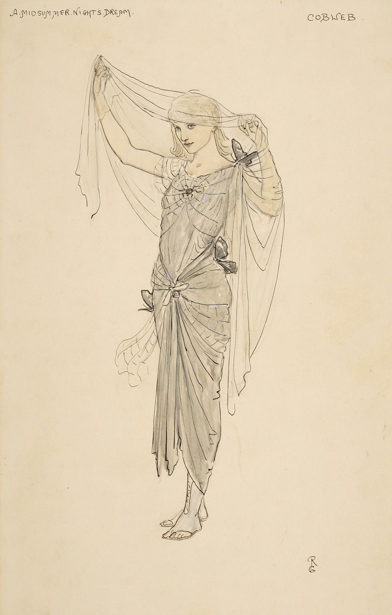 costume design of a woman for a midsummer night's dream, labeled "cobweb", dressed in a long draped gown with butterfly and spiderweb details, holding up a sheer veil.