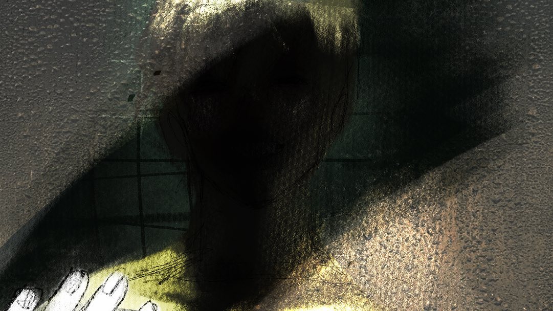 the image appears to be a blurry reflection of a person in a bathroom mirror. the figure's face is completely obscured by shadow, adding to the enigmatic and mysterious atmosphere. the lighting is dim, possibly from an overhead light, casting long shadows and contributing to the overall somber mood. the color palette is muted and dark, further emphasizing the image's sense of mystery and introspection.