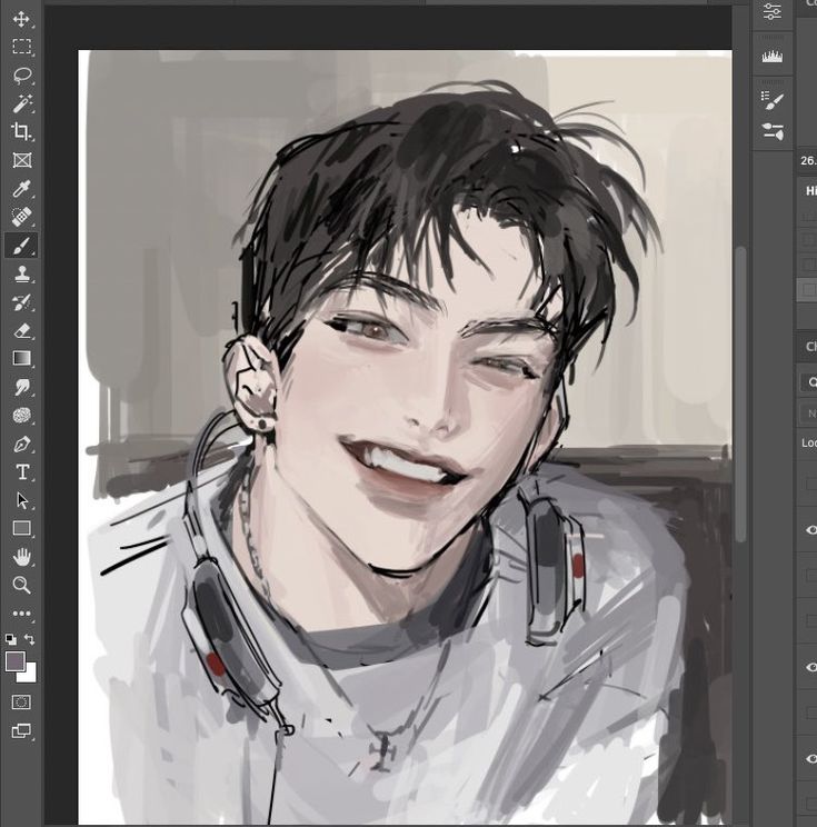 the image shows a digital artwork in progress within the adobe photoshop interface.  the artwork is a closeup portrait of a young, animestyle male character. he has dark hair, expressive eyes, and a happy, slightly mischievous smile.  he's wearing a light grey sweatshirt and headphones around his neck. the art style is loose and expressive, with soft shading and a focus on capturing mood and personality rather than precise detail. the overall color palette is muted, leaning towards greys and light tones. the partially visible photoshop toolbar and layers palette in the image confirm it's a workinprogress digital painting.