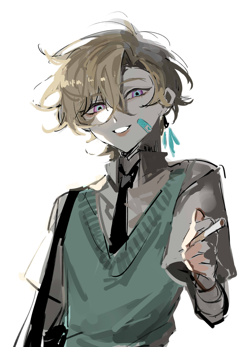 a digital illustration of a young anime/manga male character with blond hair, wearing a green sweater vest, black tie, and glasses. he has a bandaid on his face and is holding a cigarette in his right hand. his expression is a mischievous smirk. the drawing style is sketchy and the colors are muted. the background is white.