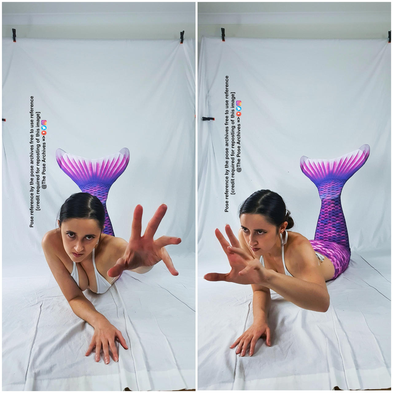 a split image showing two slightly different angles of the same pose. a young woman with dark hair pulled back is laying on her side on a white backdrop. she is wearing a white bikini top and a long, scaly mermaid tail in shades of purple and pink. her arms are outstretched in front of her, palms facing the camera as if pushing something away. she has a serious expression on her face.