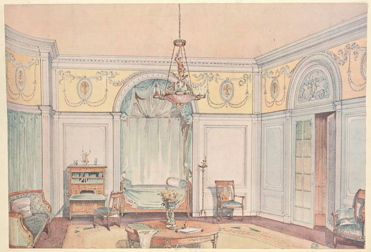 an interior design drawing of a room featuring a bed, furniture, and elegant decor. the room has a chandelier, a couch under curtains, chairs, a table, and a desk. the walls are adorned with oval decorations.