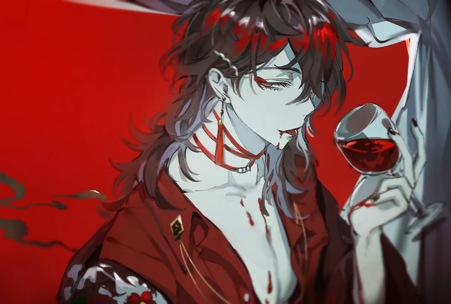 the image is a digital painting or illustration in an anime/manga style. it features a closeup portrait of a paleskinned male character with long, dark red hair. he is wearing a stylish red outfit with gold accents, a choker with red tassels, and earrings.  he holds a glass of red wine, and there are streaks of what appears to be blood on his clothing and face, adding a dramatic and mysterious element to the scene. the background is a solid, vibrant red, which enhances the overall dark and sensual atmosphere. the art style is highly detailed, with a focus on texture and shading. the character's expression is somewhat languid and suggestive. the overall mood is gothic and somewhat brooding.
