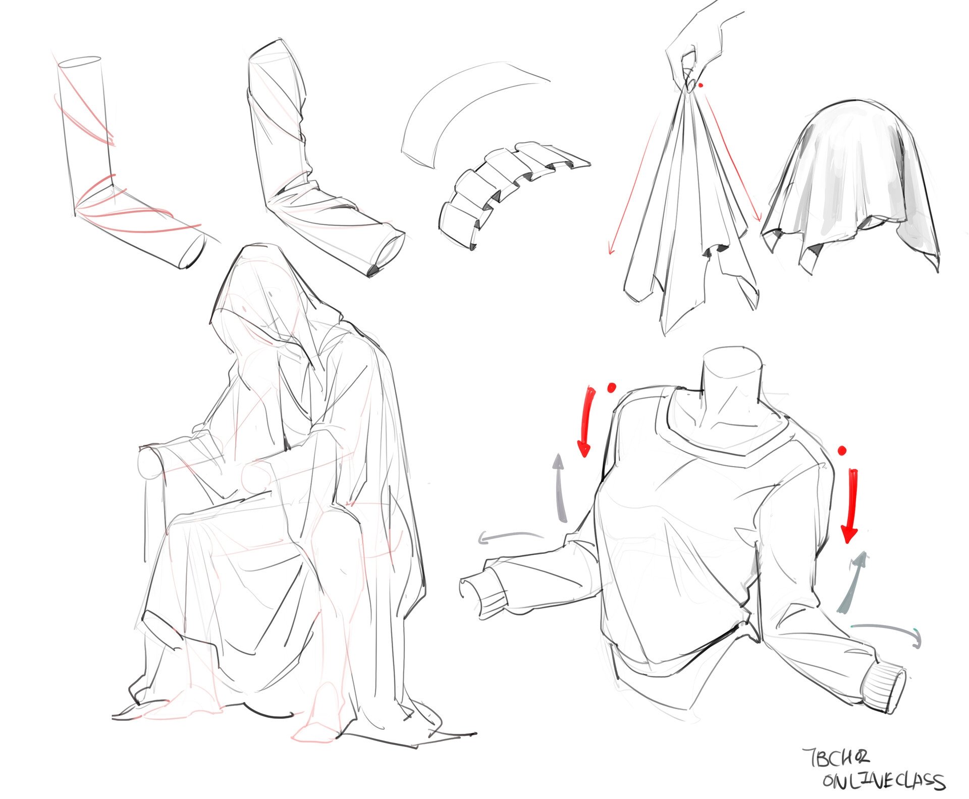 the image presents a series of sketches focusing on the depiction of fabric folds and drapery in clothing. it appears to be part of an art lesson or tutorial, possibly online.  several examples are shown, including: studies of folded fabric:  these illustrate different ways fabric drapes and folds, showing the manipulation of the material and the resulting forms. a hand is shown holding a piece of cloth in one of the studies. cylindrical forms:  a couple of sketches demonstrate how to translate cylindrical forms into draped fabric. sleeves and a hooded cloak: a seated figure wearing a hooded cloak showcases a more complex example of fabric drape over a body. a separate sweater is shown with arrows indicating how the material fits and moves around the body. basic sweater design:  a simple sweater sketch illustrates how sleeves and shoulders are affected by the fabric's form.  arrows indicate the direction of the drape.the overall style is loose and expressive, typical of a quick sketch used to study form and movement of fabric. the style of drawing is realistic but with a focus on form and basic structure over detailed rendering. the image has the signature "tbch2 onlineclass" suggesting it's from an online art class.