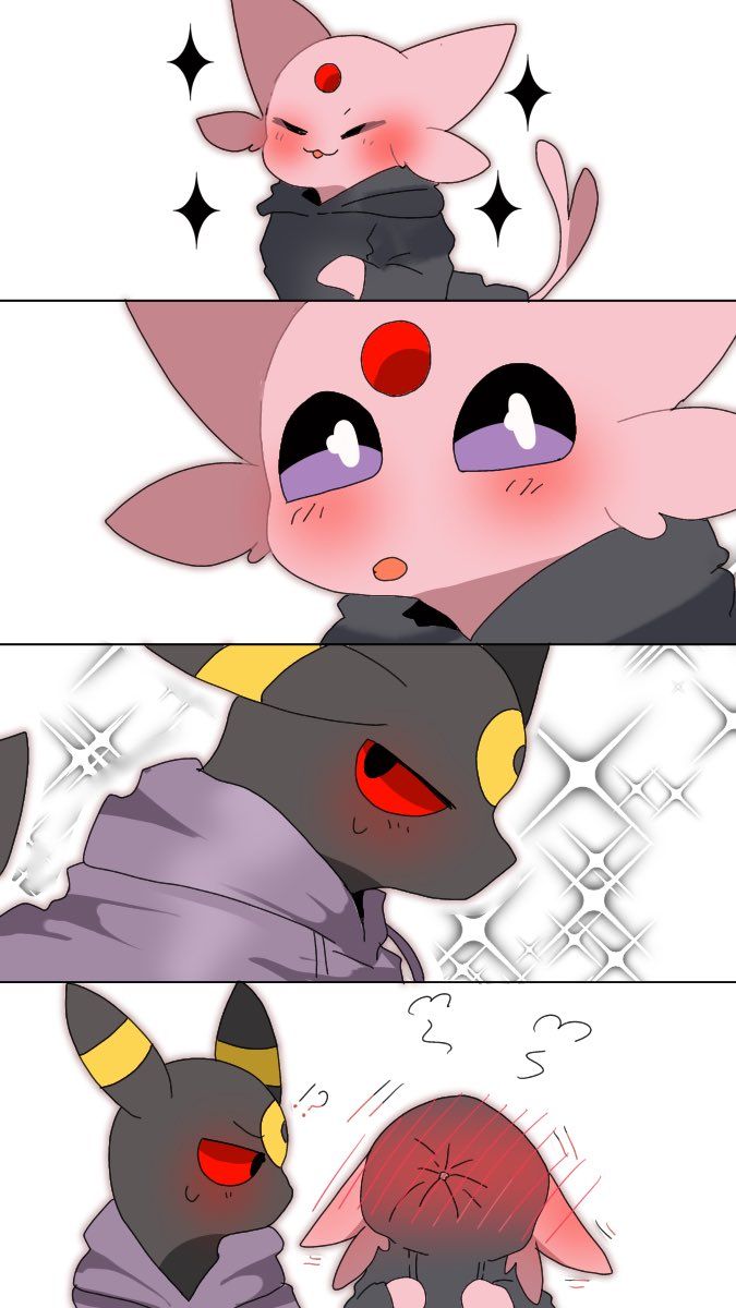 this is a cute fanart depicting the pokémon umbreon and espeon in chibi style.  the image is broken into four panels. the first shows a blushing espeon in a hoodie. the second panel shows a closer view of the blushing espeon.  the third shows a slightly angrylooking umbreon in a hoodie looking at the espeon. the final panel shows the umbreon facing a frightened espeon.  the art style is soft and the characters have exaggerated features. the overall mood is sweet and possibly romantic.