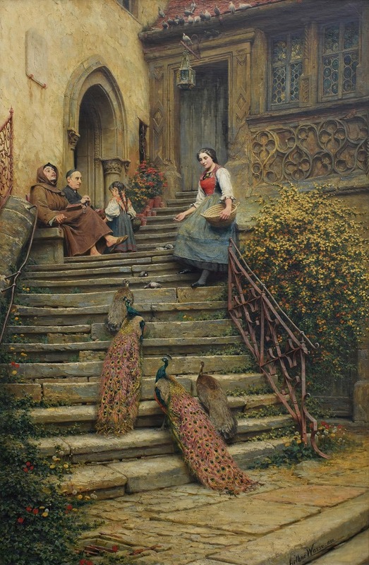 the painting depicts a scene in a courtyard with people and peacocks. a woman in a red and white top and blue skirt is standing on a stone stairway, scattering food for the peacocks that are gathered on the steps. to the left, a monk and a priest are sitting on a stone bench, with a young girl standing near them. there is a building in the background with a doorway, windows, and decorative architectural elements. a basket sits on the woman’s arm. there are trees and flowers growing around the courtyard, and birds on the steps.
