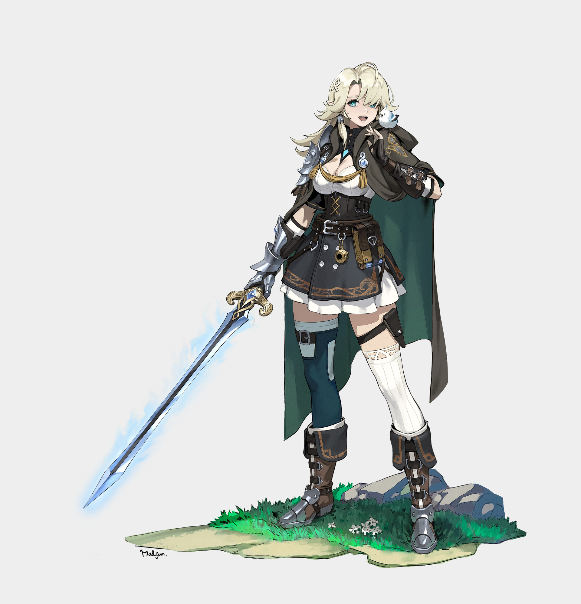 a fullbody illustration of a female anime character with blonde curly hair and blue eyes, standing on a small patch of grass with rocks. she is holding a glowing blue sword in her right hand and has a small white bird perched on her left shoulder. she is wearing a detailed fantasy outfit consisting of a short black dress with white trim, a white top with gold embellishments, a brown cape, leather boots, a metal gauntlet on her left arm, a metal shoulder pad on her left shoulder, and thighhigh socks (one white and one dark green/blue). her dress has pouches and a belt with various accessories.