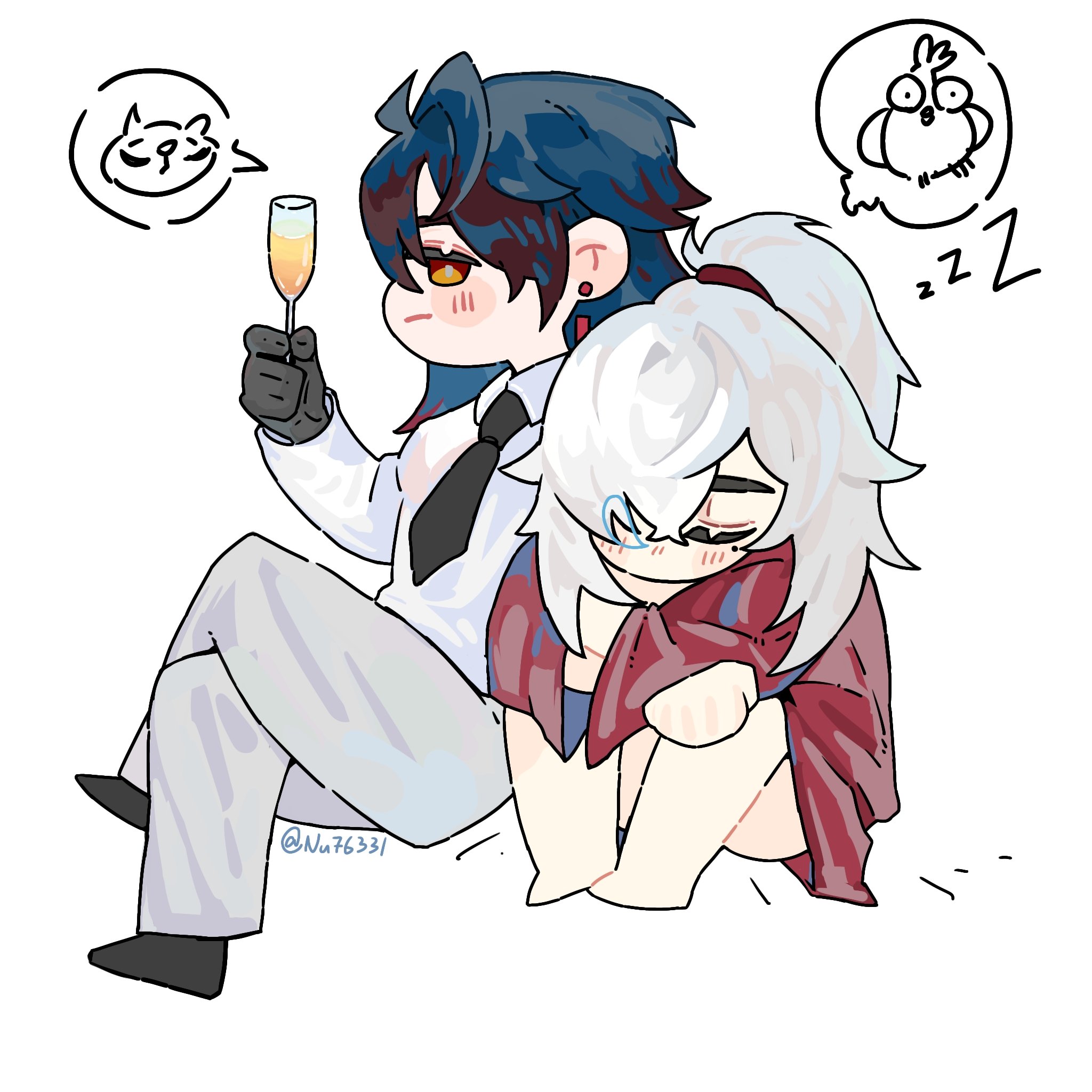 the illustration depicts an anime couple in a romantic setting. the male character, with blue hair and a white shirt with a tie, is holding a glass of champagne, looking slightly tipsy. he is holding the female character in his arms, who has white hair and a red scarf. she is asleep, leaning her head on his shoulder. the background features a white space and a small cloud with a chicken inside, suggesting a cozy, intimate atmosphere. the overall tone of the illustration is lighthearted and sweet, highlighting the affectionate bond between the two characters.