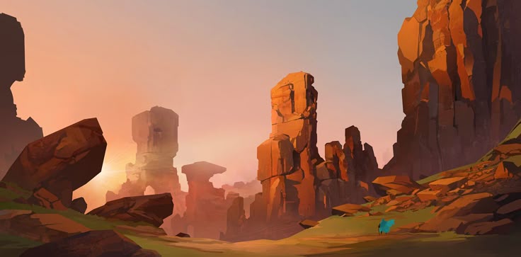a stylized digital landscape features tall, angular rock formations resembling buttes or canyon walls under a sunset sky. the color palette consists mainly of warm earth tones, with oranges, reds, and browns dominating the rocks and terrain. a small, blue character stands near the base of one of the rock formations, adding a focal point. the sky transitions from a soft pink to light blue. the scene creates a sense of vastness and solitude in a desert environment.