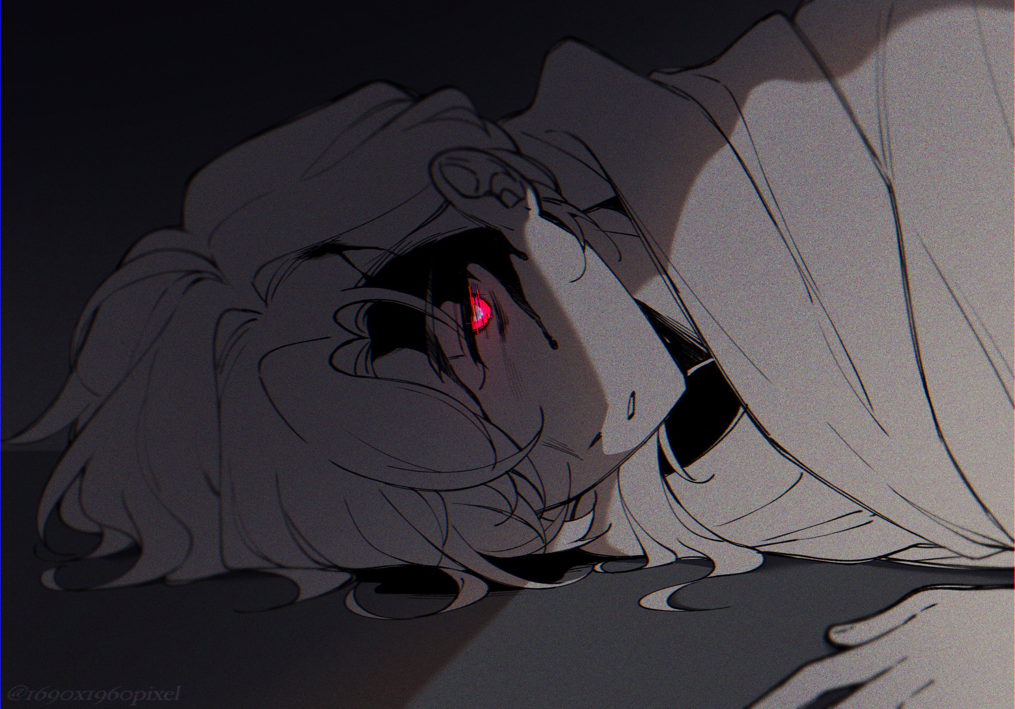 the image is a digital drawing of a young woman or girl with long, lightcolored hair, lying on her side. she appears to be asleep or unconscious. one of her eyes is visible and is glowing red, adding a mysterious and possibly disturbing element.  her clothing is dark and shadowy, mostly obscured by what looks like a cloak or blanket. the overall style is dark and moody, with heavy use of shadows and grayscale, creating a dramatic and somewhat melancholic atmosphere. the art style is reminiscent of anime or manga.