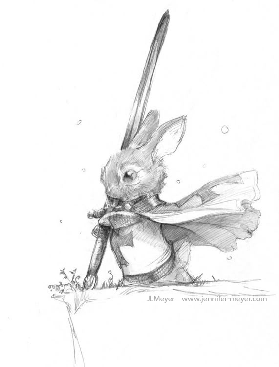 a pencil drawing of a rabbit dressed as a knight, standing on a cliff. the rabbit is wearing armor and a cape, and holding a sword.