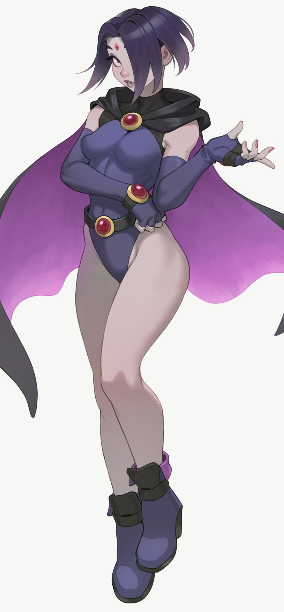 the image shows a stylized illustration of raven from the teen titans, a popular dc comics superhero team. she is depicted as a young woman with purple hair, wearing a purple bodysuit, cape, and boots. her pose is slightly playful and confident, and the overall style is reminiscent of anime or manga. the art style is clean and smooth, with soft shading and a focus on character design. the background is simple, white, to keep attention focused on the character.