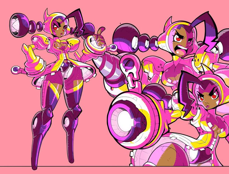 the image shows three cartoon girls in pink and yellow robot suits, with a pink background. all three have black hair, black eyes, and are very muscular. each of them appears to be holding a weapon. one is holding a large, circular gun, while the other two are holding weapons that are more difficult to identify. they all have a determined expression on their faces, and they appear to be ready for battle.