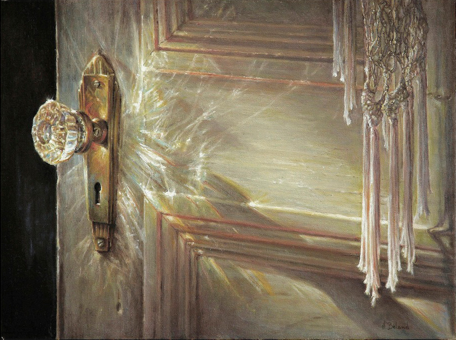 the image shows a closeup of a door, partially ajar, with light streaming through the opening. the door is painted a light cream color with gold accents, and features an antique brass doorknob and keyhole. a white lace curtain hangs on the inside of the door, partially obscuring the light source. the dramatic lighting and closeup perspective create a sense of mystery and anticipation.