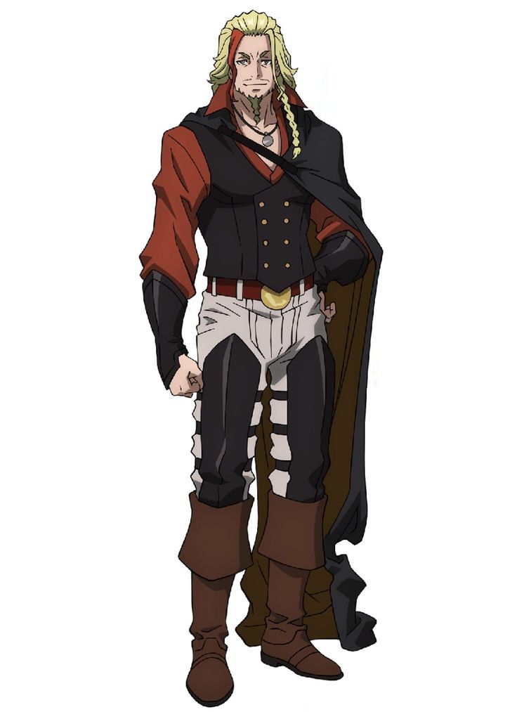 the image shows an anime character, a male with blonde hair and beard, wearing a red and black outfit, a cape, boots, and white pants. the character is standing and looking forward.