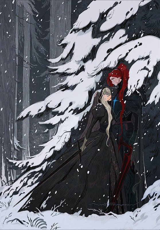 the image is a fantasy illustration of a couple standing in a snowy forest. the woman is dressed in a long black gown with a white collar and the man is a knight wearing black armor with red accents. they are standing close together, the woman resting her head on the man's shoulder, with a long, black sword resting at their feet. the snowcovered trees behind them appear to be magical in nature, with their branches reaching out towards the couple. the illustration is painted in a dark and atmospheric style, emphasizing the cold and eerie nature of the scene.