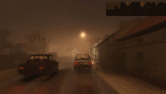 a foggy night scene featuring two cars driving on a road. the car in the foreground has its taillights illuminated. a streetlight illuminates the road, and buildings line the right side of the street. trees are visible on the left side. the overall atmosphere is dark and foggy.