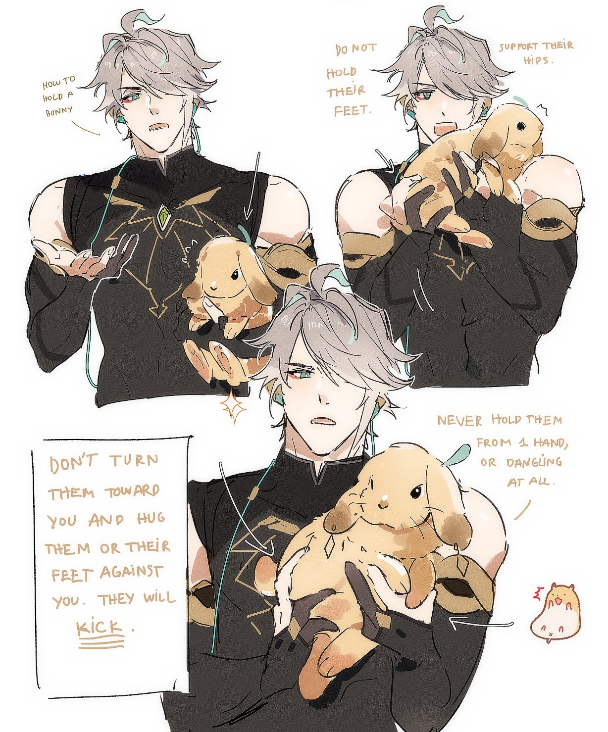 the image is an anime illustration showing a cute boy with white hair and black clothes, holding a bunny and giving instructions on how to properly hold a bunny. he has green and turquoise accents on his clothes. the text explains how to hold a bunny, and what not to do. the boy has a friendly and kind expression.  the image is drawn in a cute and cartoony style.