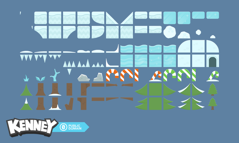 this is a collection of game assets with a winter or christmas theme. they appear to be for a mobile platformer game and are free to use. there are ice platforms, trees with snow on them, mountains, an igloo, and some candy canes.