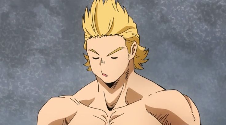 a shirtless, muscular blond anime male character with his eyes closed and a serious expression on his face. the background is a grey texture.