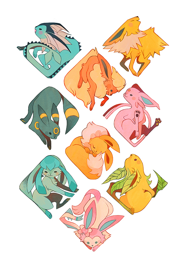 this image is a digital fanart featuring the eevee and its eight evolution forms arranged in a diamond pattern. each pokemon is depicted in a cute and stylized manner with pastel colors. the art style is soft and whimsical, and the overall composition is visually appealing.