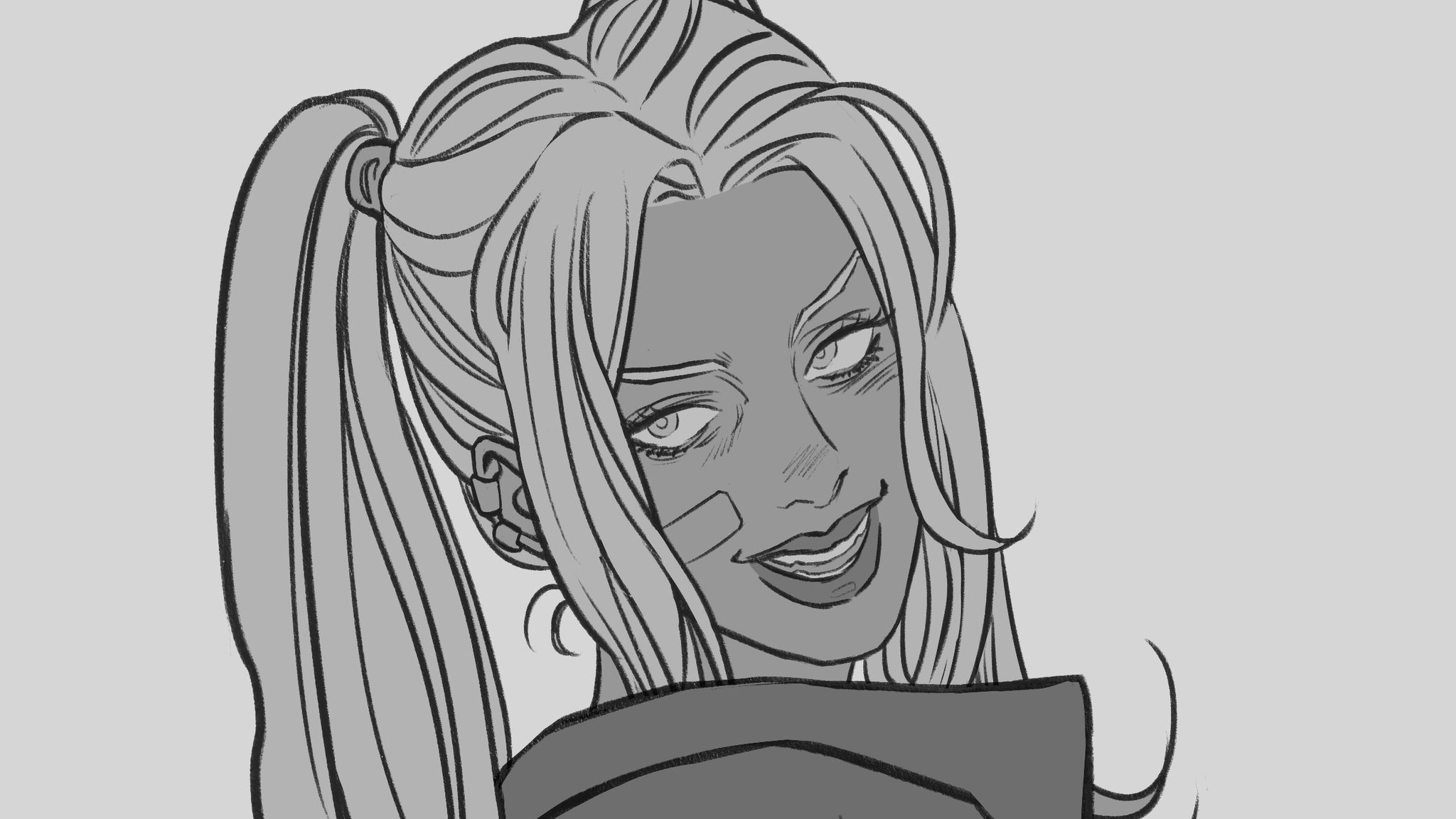 a black and white illustration of a woman with a ponytail. she is smirking and has a bandaid on her face, suggesting a possible injury. the style is cartoonish and possibly digital art.
