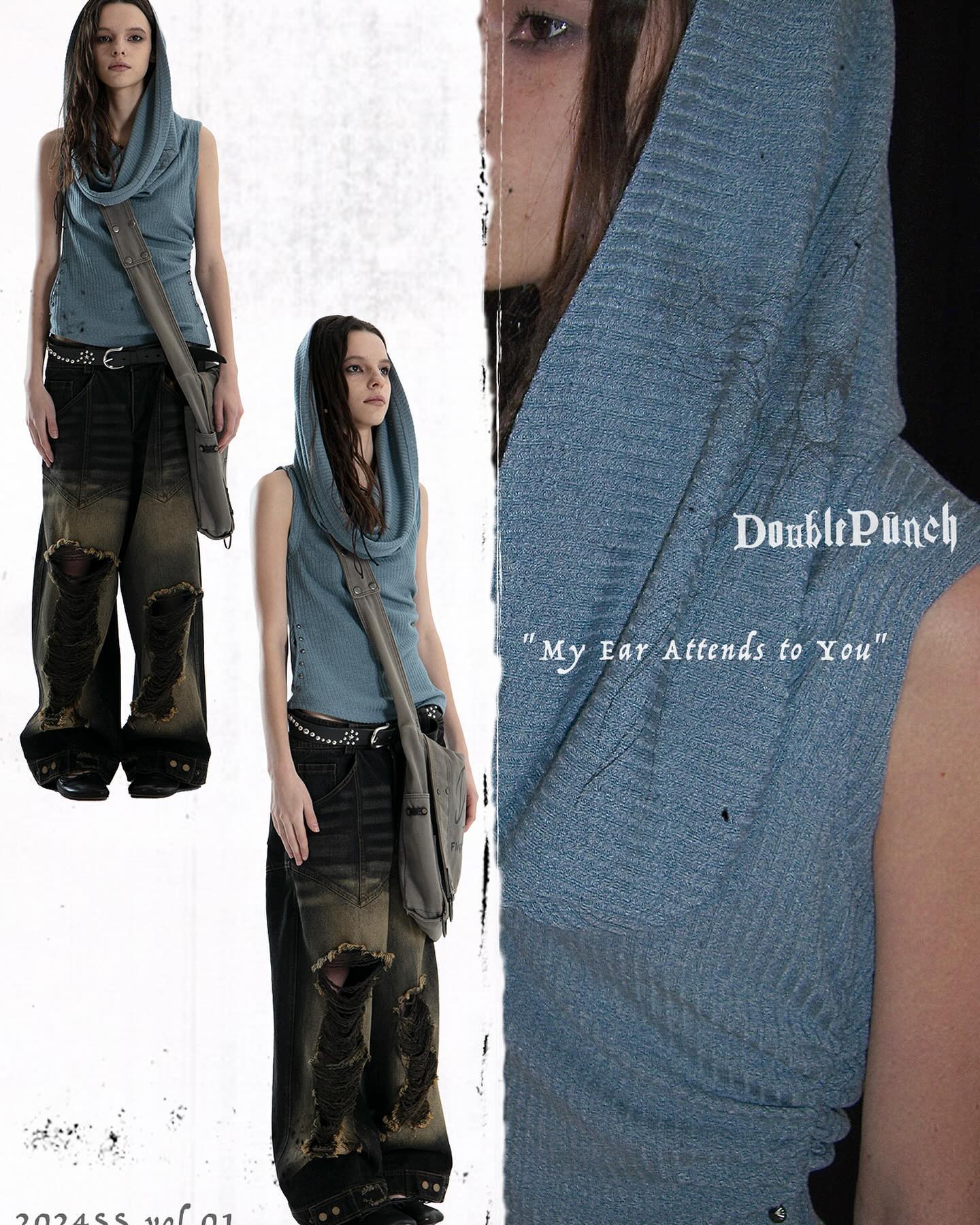 he image showcases a fashion spread for the brand "double punch", featuring a collection titled "my ear attends to you". it presents three models wearing similar outfits: a light blue hooded sleeveless top and dark distressed, baggy jeans.  the models also carry a similar grey bag. the main focus is on the clothing's design and texture, with a blend of grunge and dystopian aesthetics. one model is shown from the side, giving a closeup view of the hooded top's fabric. the overall tone is dark and moody.