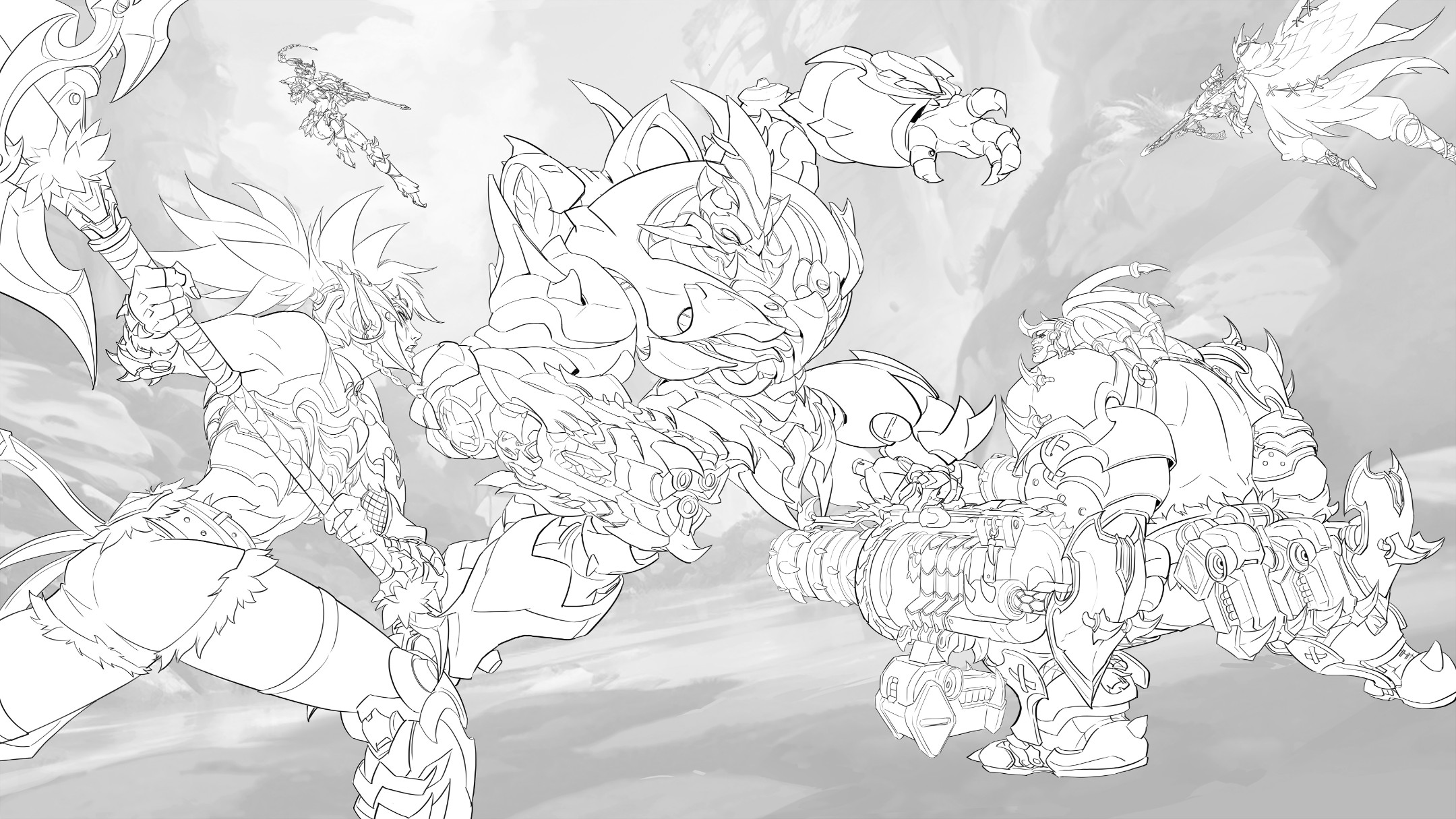 a black and white line art illustration of a battle scene. on the left side of the image, a warrior is swinging a large axe towards a mechanical creature in the middle of the image. the creature is in a fighting stance, and on the right side of the image, another robot is charging towards the warrior. there is another warrior flying through the air in the upper left corner of the image. the drawing is done in a digital style, with sharp lines and detail. the overall tone is exciting and dynamic, suggesting a fierce battle.