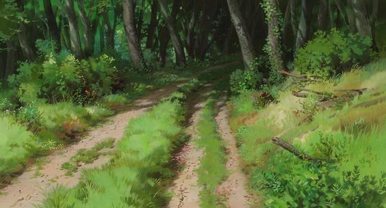the image shows a sundappled dirt path winding its way through a lush green forest. the path is bordered by tall trees and thick grass, creating a sense of peace and tranquility.
